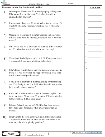 Word Problems Worksheet - Finding Starting Time  worksheet